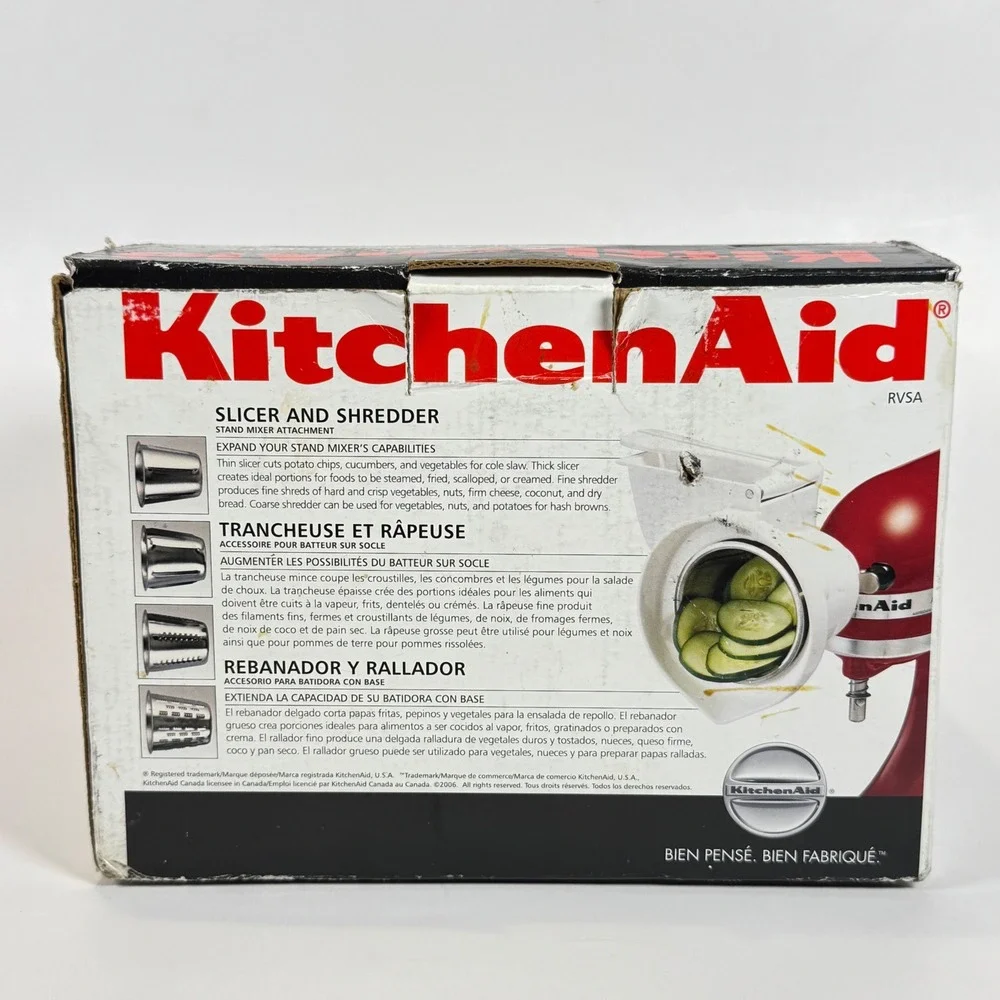 KitchenAid RVSA Slicer and Shredder Stand Mixer Attachment White 4 Cones Box